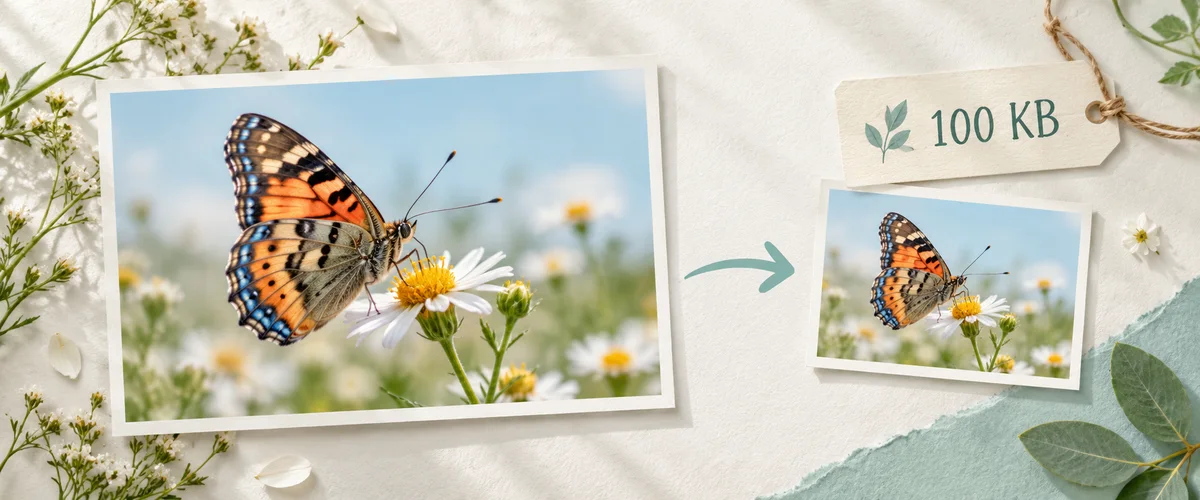 Butterfly photo cards on textured paper with a teal arrow and a 100 KB target tag