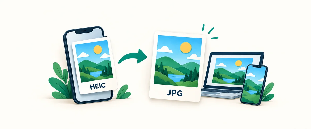 Illustration of an HEIC photo becoming a JPG that can be shared across a phone and laptop
