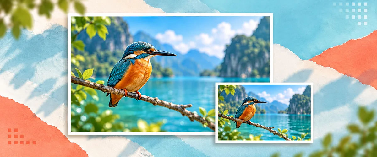 Illustration of a kingfisher in large and small photo frames, showing the idea of keeping proportions when resizing