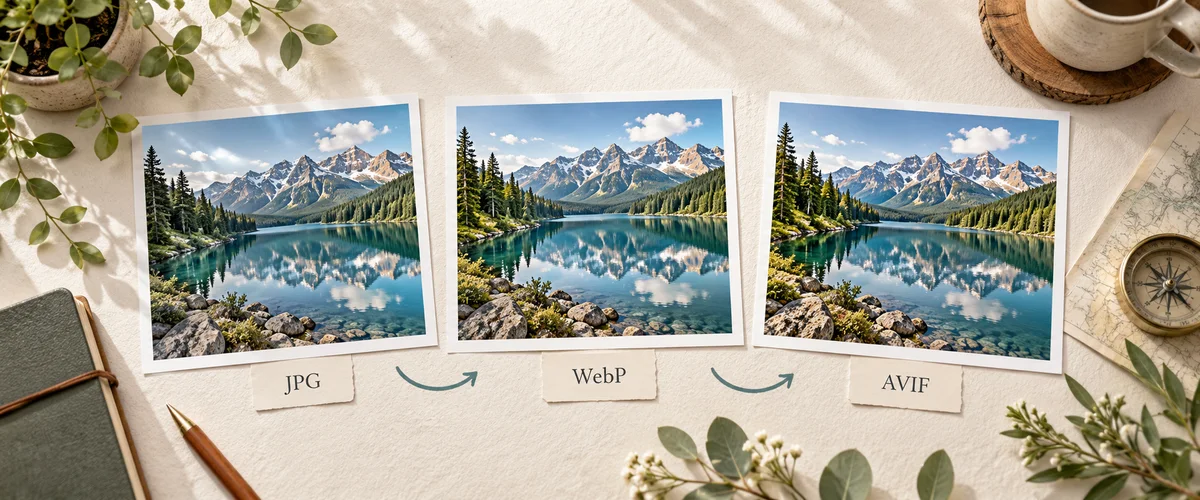 Mountain lake photo prints with JPG, WebP and AVIF paper labels