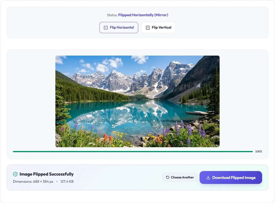 Mirrored landscape with horizontal flip active and the Download Flipped Image button.