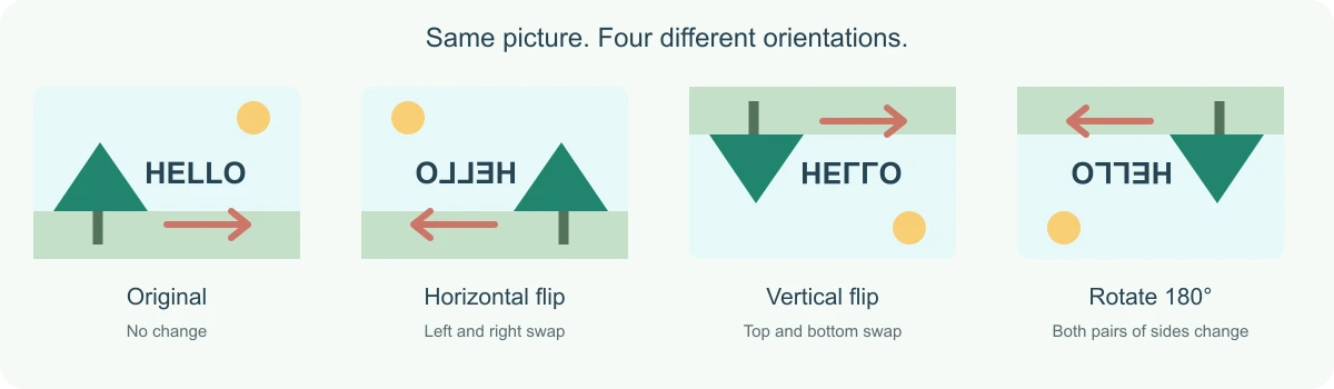 Original artwork compared with a horizontal flip, vertical flip, and 180-degree rotation.