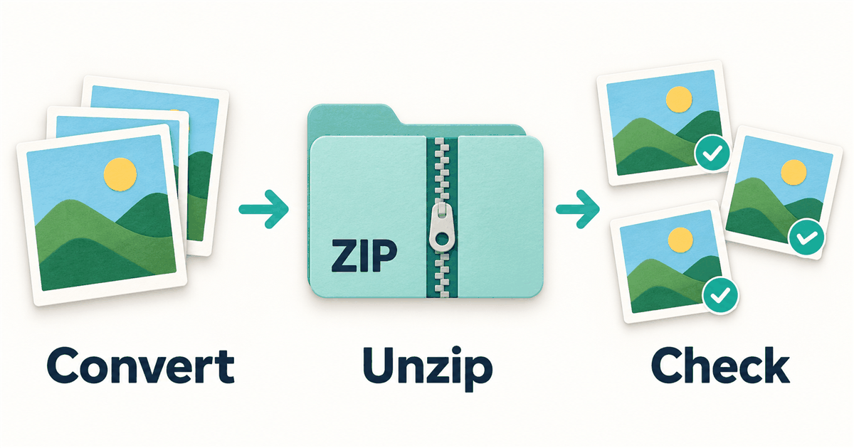 Illustrated batch workflow: convert a group of photos, unzip the download, then check the individual JPG files