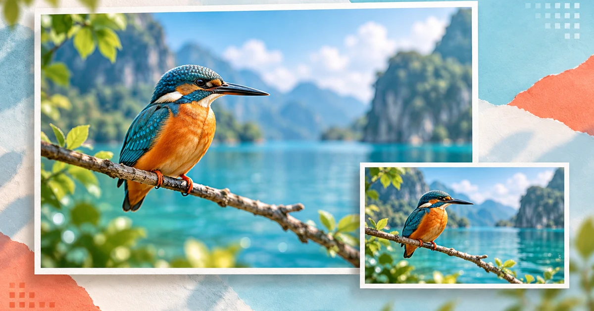Illustration of a kingfisher in large and small photo frames, showing the idea of keeping proportions when resizing